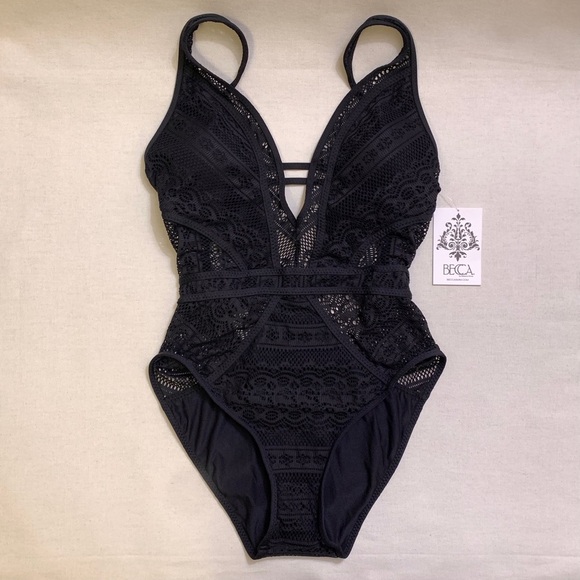 BECCA Color Play Crochet Plunge One Piece Swimsuit w/ Tie Back — MEDIUM — Black - Picture 6 of 15